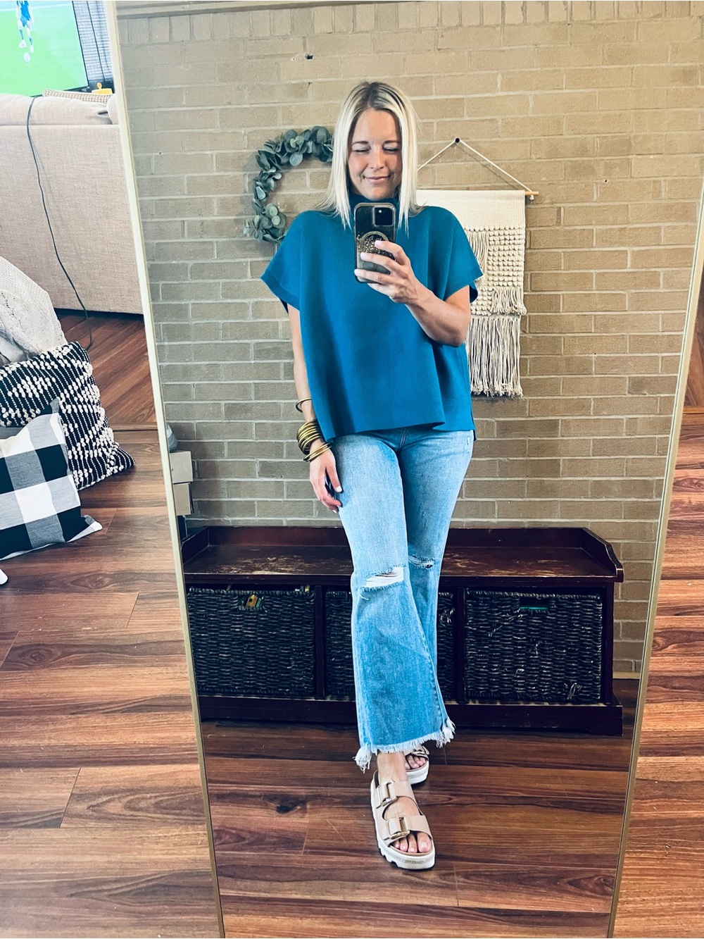 JODIFL Teal Short-Sleeve Knit Cowl Turtleneck Sweater